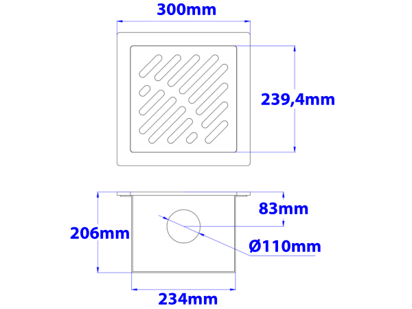Sifone a pavimento con coperchio di 5mm MODELLO FORATO (CARRABILE) 300x300x206mm INOX Ø110mm orizzontale