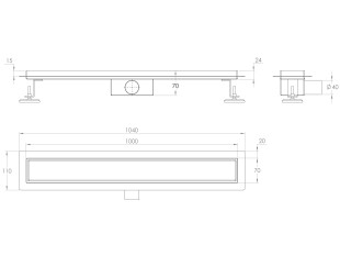 Canalina di scarico per doccia per installazione in CERAMICA, dimensioni: 1000(l) x 70(w) x 70(h) mm INOX