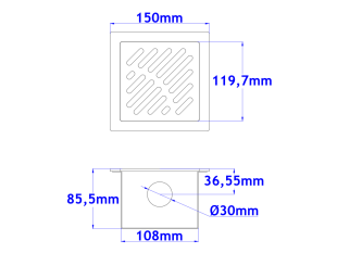 Sifone a pavimento con coperchio di 5mm  MODELLO FORATO (CARRABILE) 150x150x86mm INOX Ø30mm orizzontale