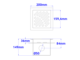Sifone a pavimento con coperchio di 5mm MODELLO FORATO (CARRABILE) con flangia per impermeabilizzazione 200x200x152mm INOX Ø50mm orizzontale