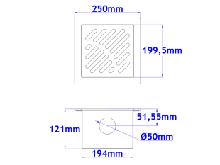 Sifone a pavimento con coperchio di 5mm  MODELLO FORATO (CARRABILE) 250x250x121mm INOX Ø50mm orizzontale