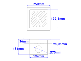 Sifone a pavimento con coperchio di 5mm MODELLO FORATO (CARRABILE) con flangia per impermeabilizzazione 250x250x181mm INOX Ø75mm orizzontale