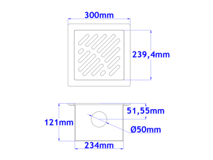 Sifone a pavimento con coperchio di 5mm  MODELLO FORATO (CARRABILE) 300x300x121mm INOX Ø50mm orizzontale