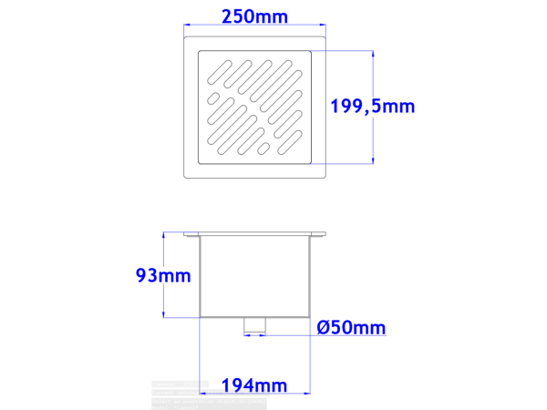Sifone a pavimento con coperchio di 5mm  MODELLO FORATO (CARRABILE) 250x250x93mm INOX Ø50mm verticale