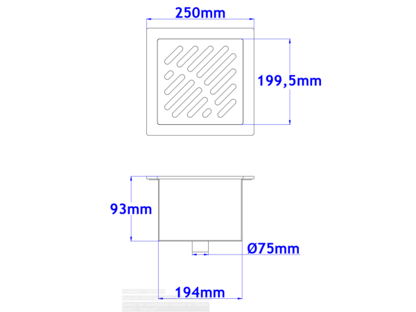 Sifone a pavimento con coperchio di 5mm  MODELLO FORATO (CARRABILE) 250x250x93mm INOX Ø75mm verticale