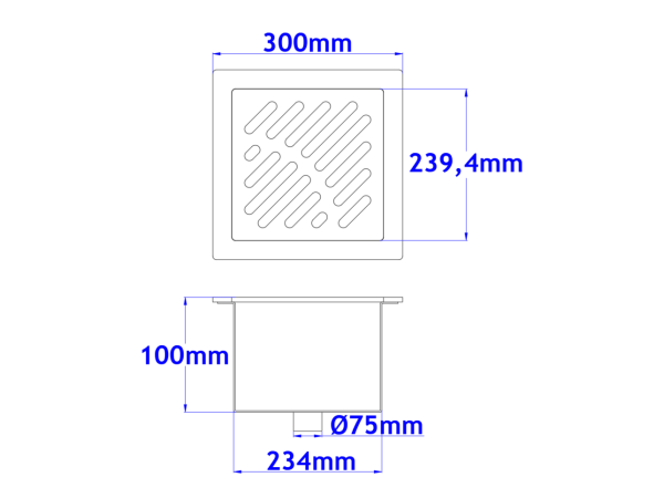 Sifone a pavimento con coperchio di 5mm MODELLO FORATO (CARRABILE) 300x300x100mm INOX Ø75mm verticale