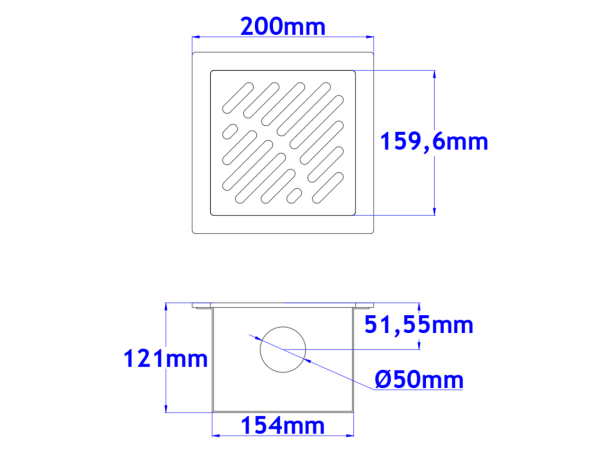 Sifone a pavimento con coperchio di 5mm  MODELLO FORATO (CARRABILE) 200x200x121mm INOX Ø50mm orizzontale
