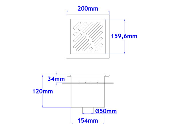 Sifone a pavimento con coperchio di 5mm MODELLO FORATO (CARRABILE) con flangia per impermeabilizzazione 200x200x92mm INOX Ø50mm verticale