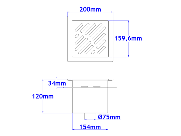 Sifone a pavimento con coperchio di 5mm MODELLO FORATO (CARRABILE) con flangia per impermeabilizzazione 200x200x92mm INOX Ø75mm verticale