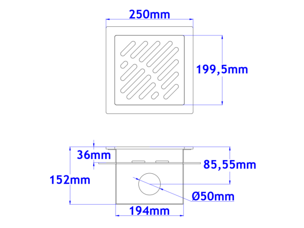 Sifone a pavimento con coperchio di 5mm MODELLO FORATO (CARRABILE) con flangia per impermeabilizzazione 250x250x152mm INOX Ø50mm orizzontale