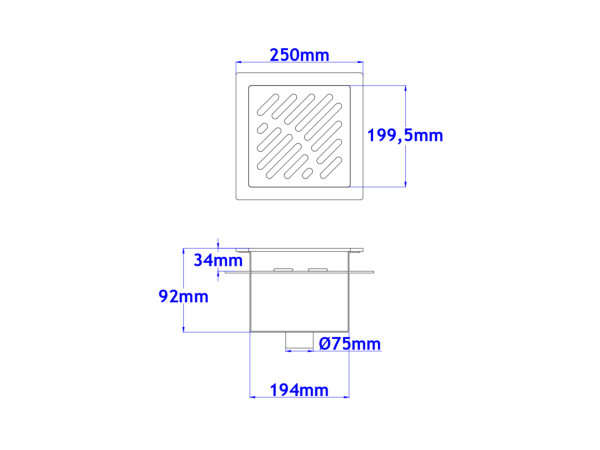 Sifone a pavimento con coperchio di 5mm MODELLO FORATO (CARRABILE) con flangia per impermeabilizzazione 250x250x92mm INOX Ø75mm verticale