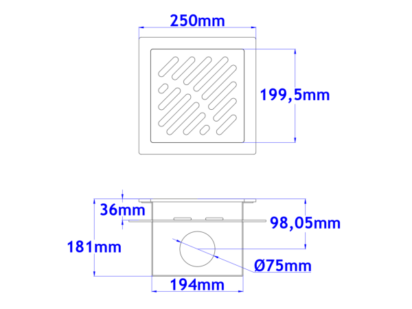 Sifone a pavimento con coperchio di 5mm MODELLO FORATO (CARRABILE) con flangia per impermeabilizzazione 250x250x181mm INOX Ø75mm orizzontale