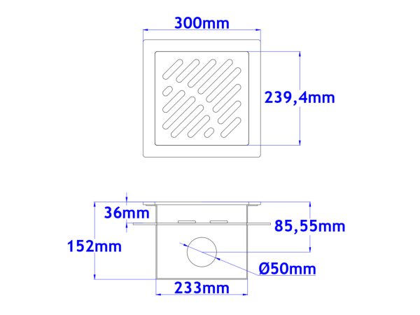 Sifone a pavimento con coperchio di 5mm MODELLO FORATO (CARRABILE) con flangia per impermeabilizzazione 300x300x152mm INOX Ø50mm orizzontale