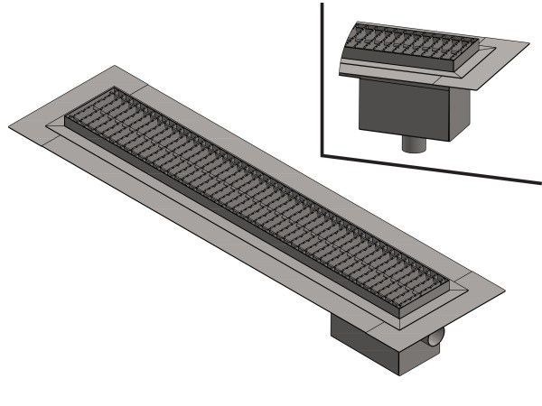 Griglia a pavimento inox con vasca e sifone, dimensioni 150mm x1000 x Ø50mm / Ø75mm orizzontale/verticale CARRABILE ANTISCIVOLO con FLANGIA per IMPERMEABILIZZAZIONE