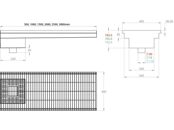 Inox protizdrsna talna rešetka s koritom,sifonom in košaro. Dimenzij:400mm x 3000mm ,odtok opcija Ø50mm / Ø75mm / Ø110mm,smer odtoka opcijsko horizontalno ali vertikalno-POVOZNA,PROTIZDRSNA brez PRIROBNICE za HIDROIZOLACIJO