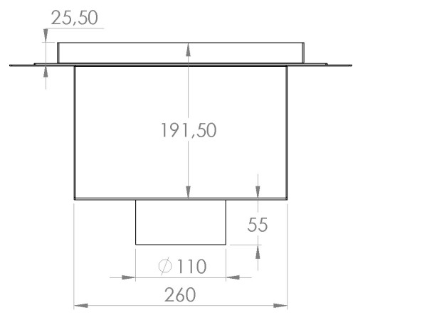 Talni sifon inox ZA VGRADNJO KERAMIKE, dimenzij 300mm x 300mm x 191mm Ø110mm vertikalno POHODEN s PRIROBNICO za HIDROIZOLACIJO