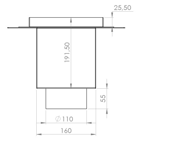 Talni sifon inox ZA VGRADNJO KERAMIKE, dimenzij 200mm x 200mm x 191mm Ø110mm vertikalno POHODEN s PRIROBNICO za HIDROIZOLACIJO