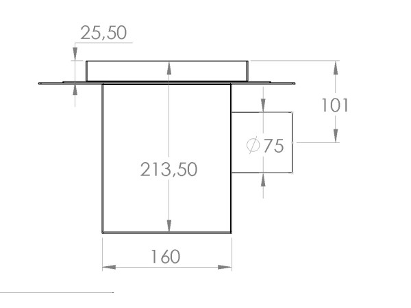 Talni sifon inox ZA VGRADNJO KERAMIKE, dimenzij 200mm x 200mm x 213mm Ø75mm horizontalno POHODEN s PRIROBNICO za HIDROIZOLACIJO
