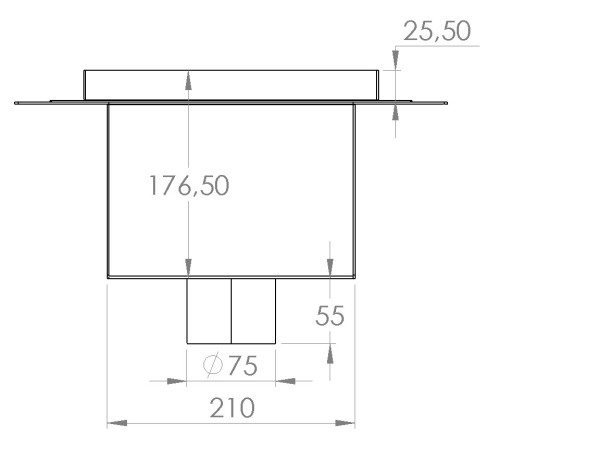 Talni sifon inox ZA VGRADNJO KERAMIKE, dimenzij 250mm x 250mm x 176mm Ø75mm vertikalno POHODEN s PRIROBNICO za HIDROIZOLACIJO