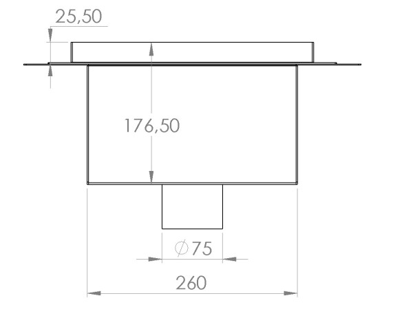 Talni sifon inox ZA VGRADNJO KERAMIKE, dimenzij 300mm x 300mm x 176mm Ø75mm vertikalno POHODEN s PRIROBNICO za HIDROIZOLACIJO