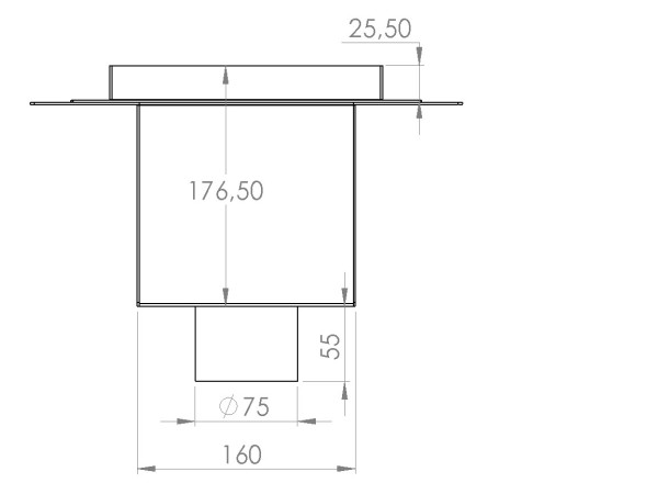 Talni sifon inox ZA VGRADNJO KERAMIKE, dimenzij 200mm x 200mm x 176mm Ø75mm vertikalno POHODEN s PRIROBNICO za HIDROIZOLACIJO