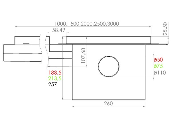 Inox podolgovat talni odtok s koritom na rego-režo in čistilnim revizijskim sifonom dim: 25 x 2000 mm
