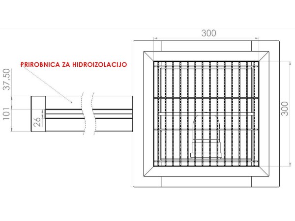 Inox podolgovat talni odtok s koritom na rego-režo in čistilnim revizijskim sifonom dim: 25 x 2000 mm
