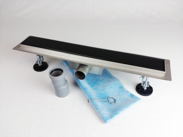 Kanaleta tuš s ČRNIM KALJENIM STEKLENIM pokrovom, dimenzij: 600(d)x70(š)x70(v)mm INOX