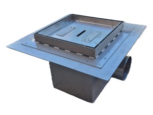 Talni sifon inox ZA VGRADNJO KERAMIKE, dimenzij 250mm x 250mm x 257mm Ø110mm horizontal POHODEN s PRIROBNICO za HIDROIZOLACIJO