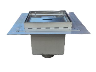 Talni sifon inox ZA VGRADNJO KERAMIKE, dimenzij 200mm x 200mm x 191mm Ø110mm vertikalno POHODEN s PRIROBNICO za HIDROIZOLACIJO