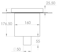 Talni sifon inox ZA VGRADNJO KERAMIKE, dimenzij 200mm x 200mm x 176mm Ø50mm vertikalno POHODEN s PRIROBNICO za HIDROIZOLACIJO
