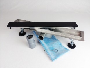 Kanaleta tuš s ČRNIM KALJENIM STEKLENIM pokrovom, dimenzij: 600(d)x70(š)x70(v)mm INOX