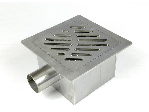 Talni sifon komplet s čelno ploščo debeline 5mm s PERFORIRANIM VZORCEM (AVTOPOVOZNO) 250x250x150mm INOX Ø75mm horizontalno