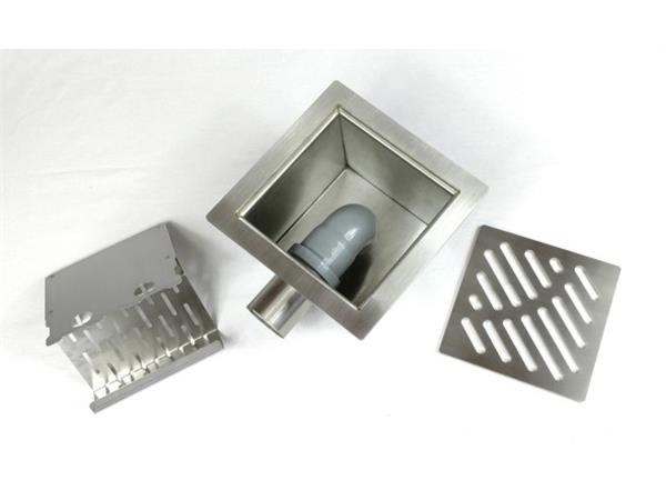 Talni sifon komplet s čelno ploščo debeline 5mm s PERFORIRANIM VZORCEM (AVTOPOVOZNO) 250x250x150mm INOX Ø75mm horizontalno