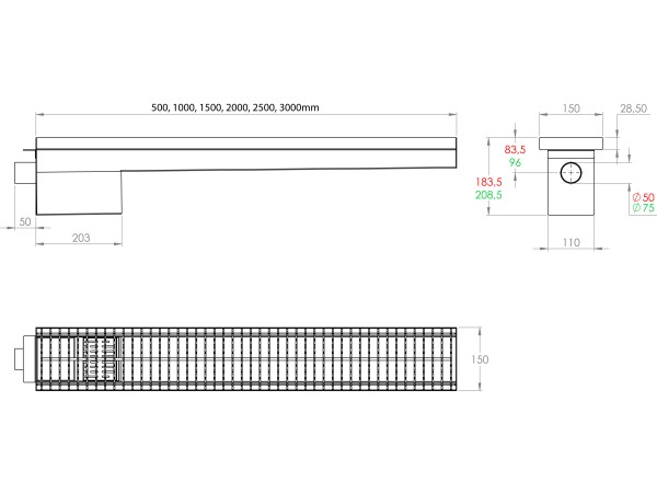 Inox protizdrsna talna rešetka s koritom,sifonom in košaro. Dimenzij:150mm x 2500mm ,odtok opcija Ø50mm / Ø75mm ,smer odtoka opcijsko horizontalno ali vertikalno-POVOZNA,PROTIZDRSNA brez PRIROBNICE za HIDROIZOLACIJO