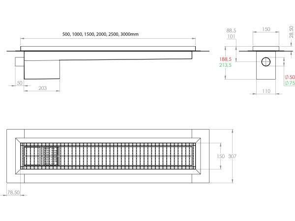 Inoks podna rešetka s koritom i sifonom, dimenzija 150mm x 1000mm  x Ø50mm / Ø75mm vodoravno / okomito POGODNA ZA PRELAZAK VOZILOM PROTUKLIZNA s PRIRUBNICOM za HIDROIZOLACIJU