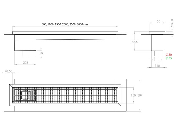 Griglia a pavimento inox con vasca e sifone, dimensioni 150mm x 500mm - 3000mm x Ø50mm / Ø75mm orizzontale/verticale CARRABILE ANTISCIVOLO con FLANGIA per IMPERMEABILIZZAZIONE