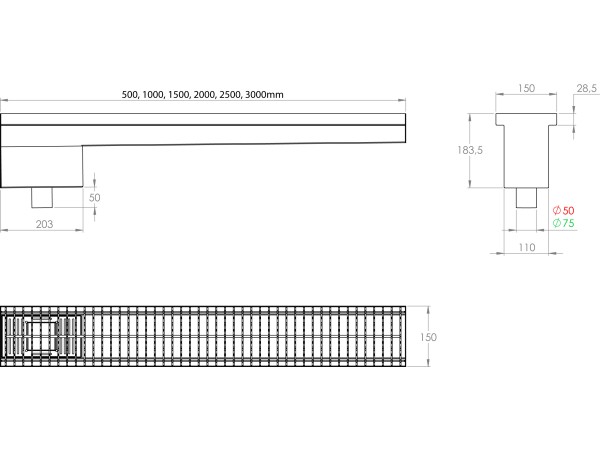 Inox protizdrsna talna rešetka s koritom,sifonom in košaro. Dimenzij:150mm x 500mm ,odtok opcija Ø50mm / Ø75mm ,smer odtoka opcijsko horizontalno ali vertikalno-POVOZNA,PROTIZDRSNA brez PRIROBNICE za HIDROIZOLACIJO