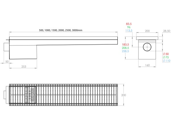 Inoks podna rešetka s koritom i sifonom, dimenzija 200mm x 2000mm x Ø50mm / Ø75mm/Ø110mm vodoravno / okomito POGODNA ZA PRELAZAK VOZILOM PROTUKLIZNA