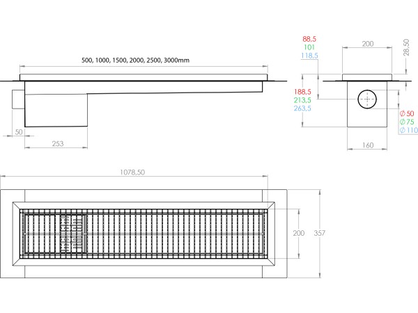 Inoks podna rešetka s koritom i sifonom, dimenzija 200mm x 2000mm  x Ø50mm / Ø75mm/Ø110mm ,vodoravno / okomito POGODNA ZA PRELAZAK VOZILOM PROTUKLIZNA s PRIRUBNICOM za HIDROIZOLACIJU