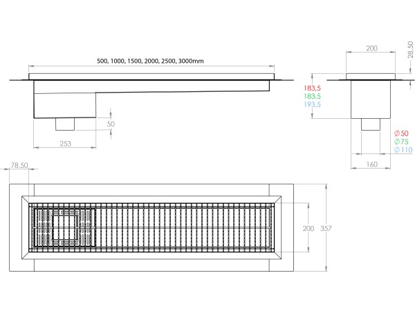 Inox protizdrsna talna rešetka s koritom ,sifonom in košaro. Dimenzij: 200mm x 1000mm ,odtok opcija Ø50mm ,Ø75mm ,Ø110mm ,smer odtoka opcijsko horizontalno ali vertikalno-POVOZNA ,PROTIZDRSNA s PRIROBNICO za HIDROIZOLACIJO