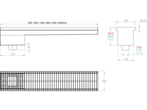 Griglia a pavimento inox con vasca e sifone, dimensioni 150mm x 500mm - 3000mm x Ø50mm / Ø75mm orizzontale/verticale CARRABILE ANTISCIVOLO