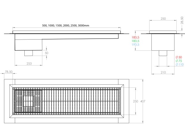 Inox talna rešetka s koritom in sifonom, dimenzij 250mm x 500mm-3000mm x Ø50mm / Ø75mm / Ø110mm horizontalno / vertikalno POVOZNA PROTIZDRSNA s PRIROBNICO za HIDROIZOLACIJO