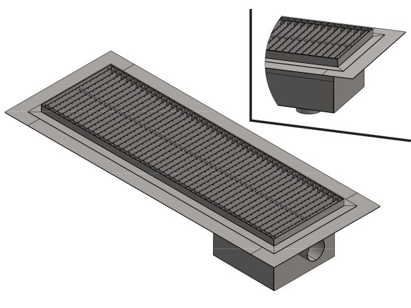 Inox talna rešetka s koritom in sifonom, dimenzij 300mm x 500mm-3000mm x Ø50mm / Ø75mm / Ø110mm horizontalno / vertikalno POVOZNA PROTIZDRSNA s PRIROBNICO za HIDROIZOLACIJO