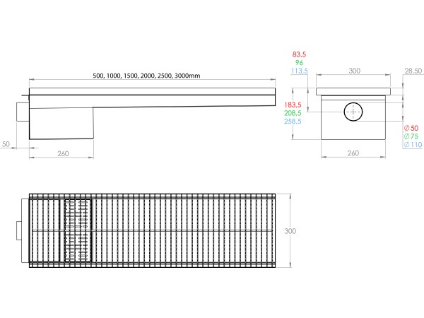 Inoks podna rešetka s koritom i sifonom, dimenzija 300mm x 2500mm x Ø50mm / Ø75mm/Ø110mm vodoravno / okomito POGODNA ZA PRELAZAK VOZILOM PROTUKLIZNA