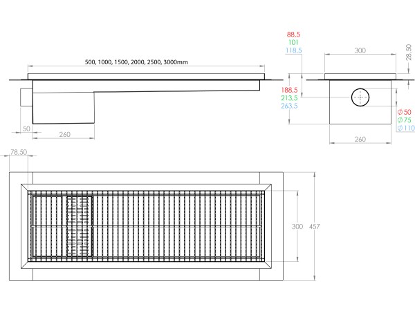 Inox protizdrsna talna rešetka s koritom ,sifonom in košaro. Dimenzij: 300mm x 3000mm ,odtok opcija Ø50mm ,Ø75mm ,Ø110mm ,smer odtoka opcijsko horizontalno ali vertikalno-POVOZNA ,PROTIZDRSNA s PRIROBNICO za HIDROIZOLACIJO