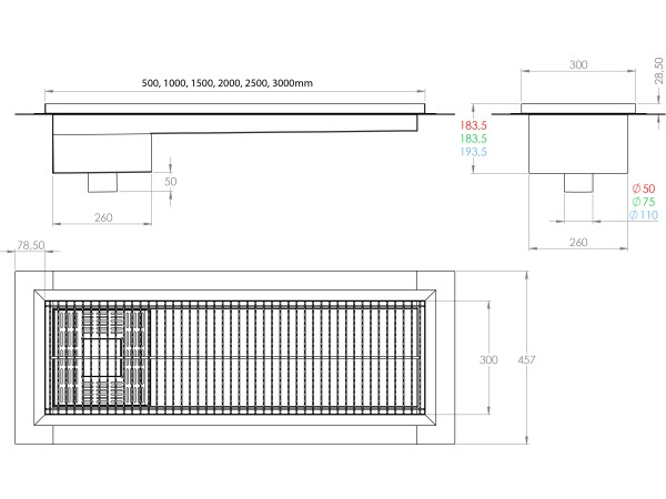 Inox protizdrsna talna rešetka s koritom ,sifonom in košaro. Dimenzij: 300mm x 3000mm ,odtok opcija Ø50mm ,Ø75mm ,Ø110mm ,smer odtoka opcijsko horizontalno ali vertikalno-POVOZNA ,PROTIZDRSNA s PRIROBNICO za HIDROIZOLACIJO