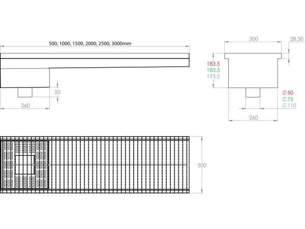 Inoks podna rešetka s koritom i sifonom, dimenzija 300mm x 1000mm x Ø50mm / Ø75mm/Ø110mm vodoravno / okomito POGODNA ZA PRELAZAK VOZILOM PROTUKLIZNA