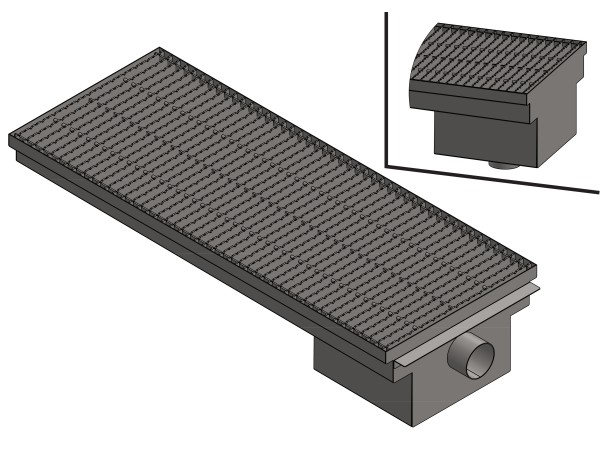 Inox talna rešetka s koritom oz. bazenom in sifonom, dimenzij 400mm x 500mm - 3000mm x Ø50mm / Ø75mm / Ø110mm horizontalno / vertikalno POVOZNA PROTIZDRSNA