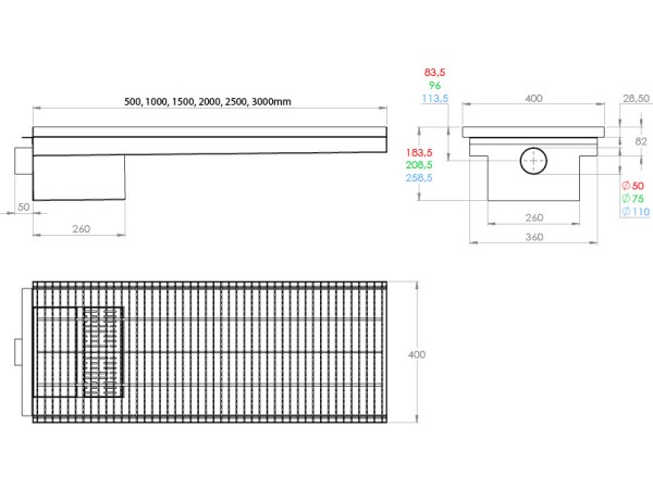 Inox protizdrsna talna rešetka s koritom,sifonom in košaro. Dimenzij:400mm x 1000mm ,odtok opcija Ø50mm / Ø75mm / Ø110mm,smer odtoka opcijsko horizontalno ali vertikalno-POVOZNA,PROTIZDRSNA brez PRIROBNICE za HIDROIZOLACIJO